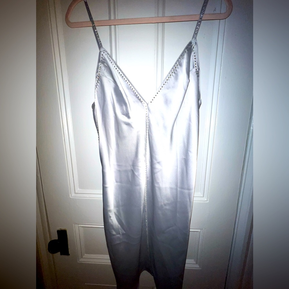 Victoria’s Secret Silver Slip Dress with Rhinestone Details.